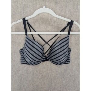 Victoria's Secret Striped Uplift Demi Bra Black Gray Crisscross Straps Size 36C